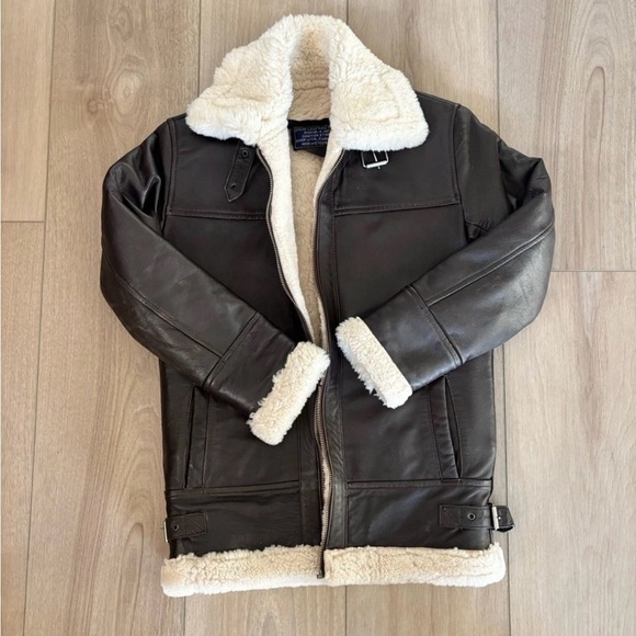 Vtg Men’s Real Shearling Leather Bomber Jacket Afghan Aviator Brown Size Small - Picture 2 of 9